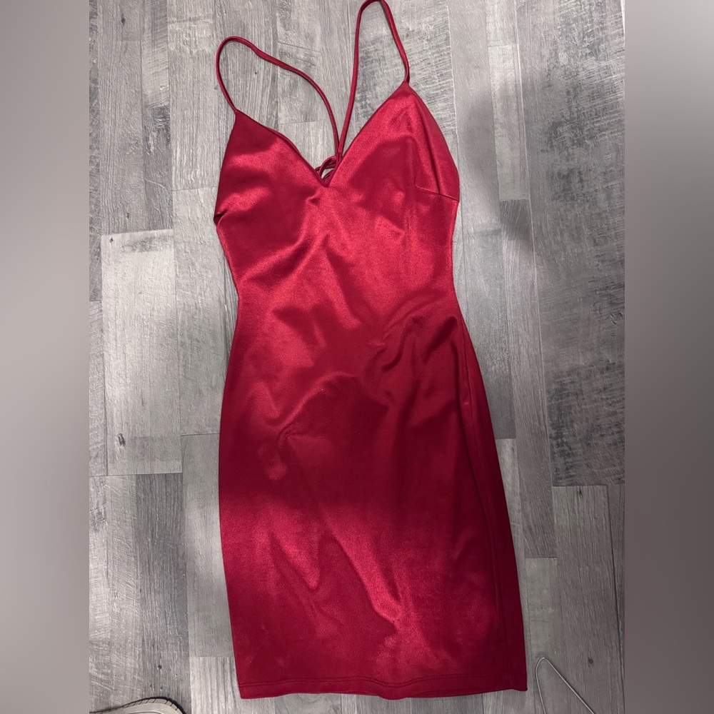 Red Satin Slip Dress with Spaghetti Straps open strappy back